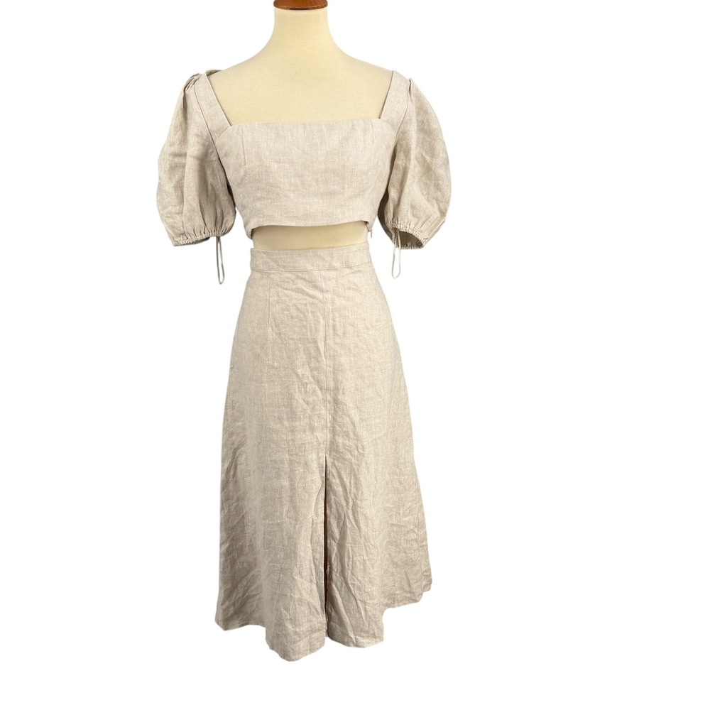 Reformation Linen Two Piece Set Size 10 Beige Puff Sleeve Crop Top Midi Skirt